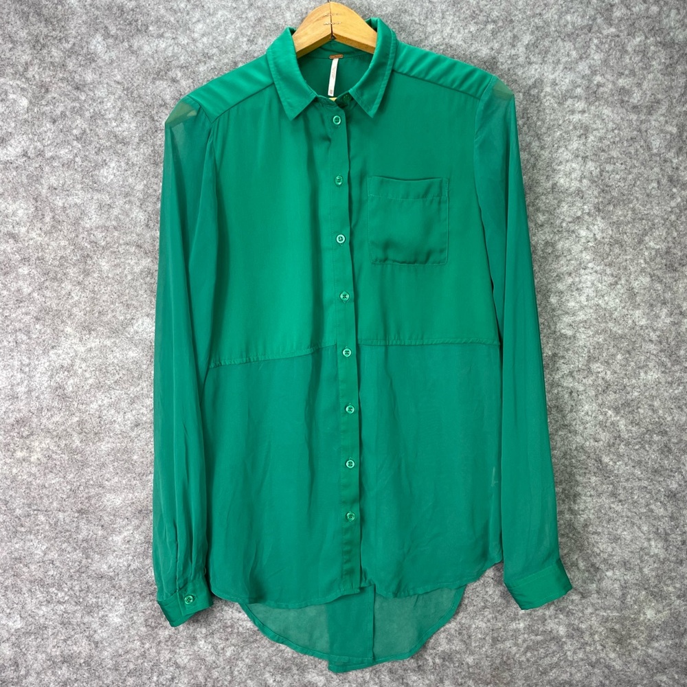 Free People Shirt Womens XS Green Sheer Button Front Blouse High Low Hem